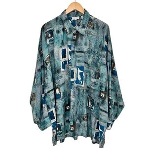 Vtg King Size Mens Abstract Pattern Button Up Shirt Sz 2XB Dusty Turquoise Retro